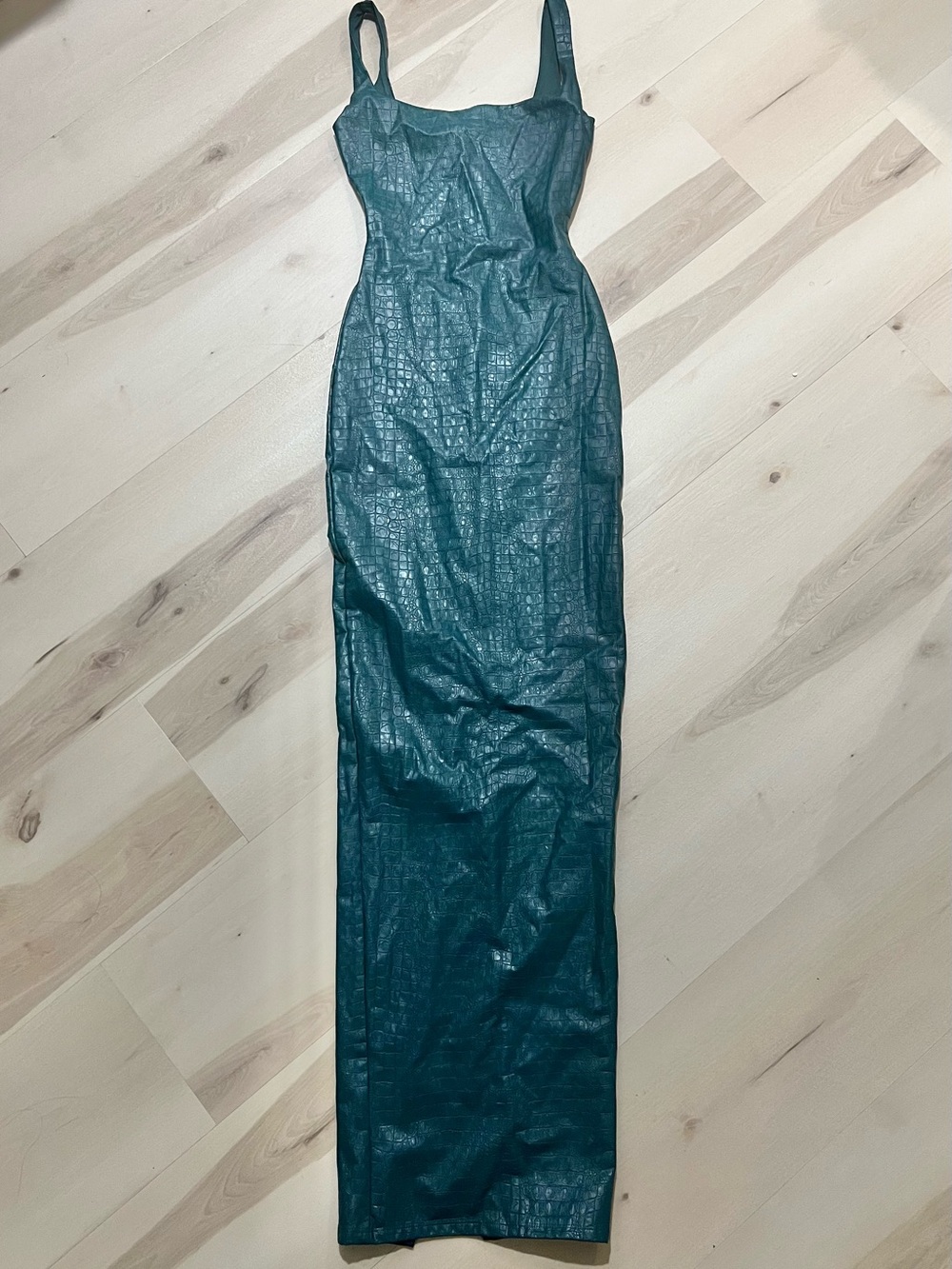 Naked Wardrobe New Faux Leather Croc Embossed Square Neck Maxi Dress Deep Teal - Picture 2 of 11